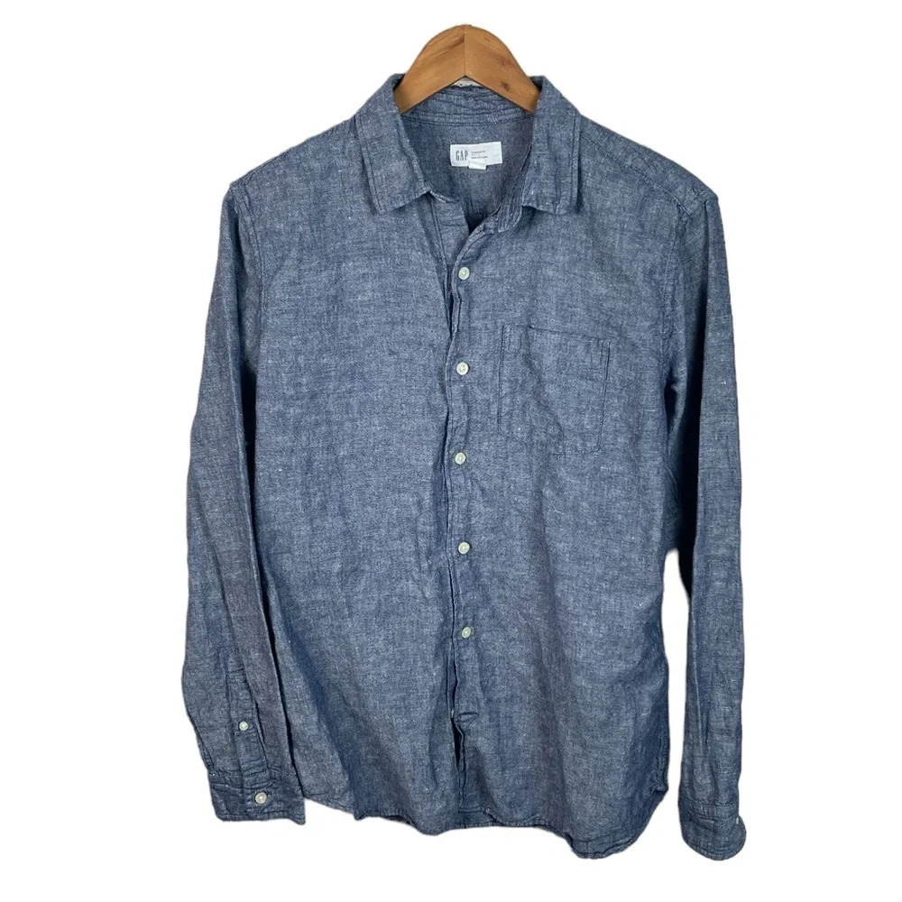 BF977 Mens GAP Brand LINEN Casual Standard Fit Chambray Button Down Shirt M